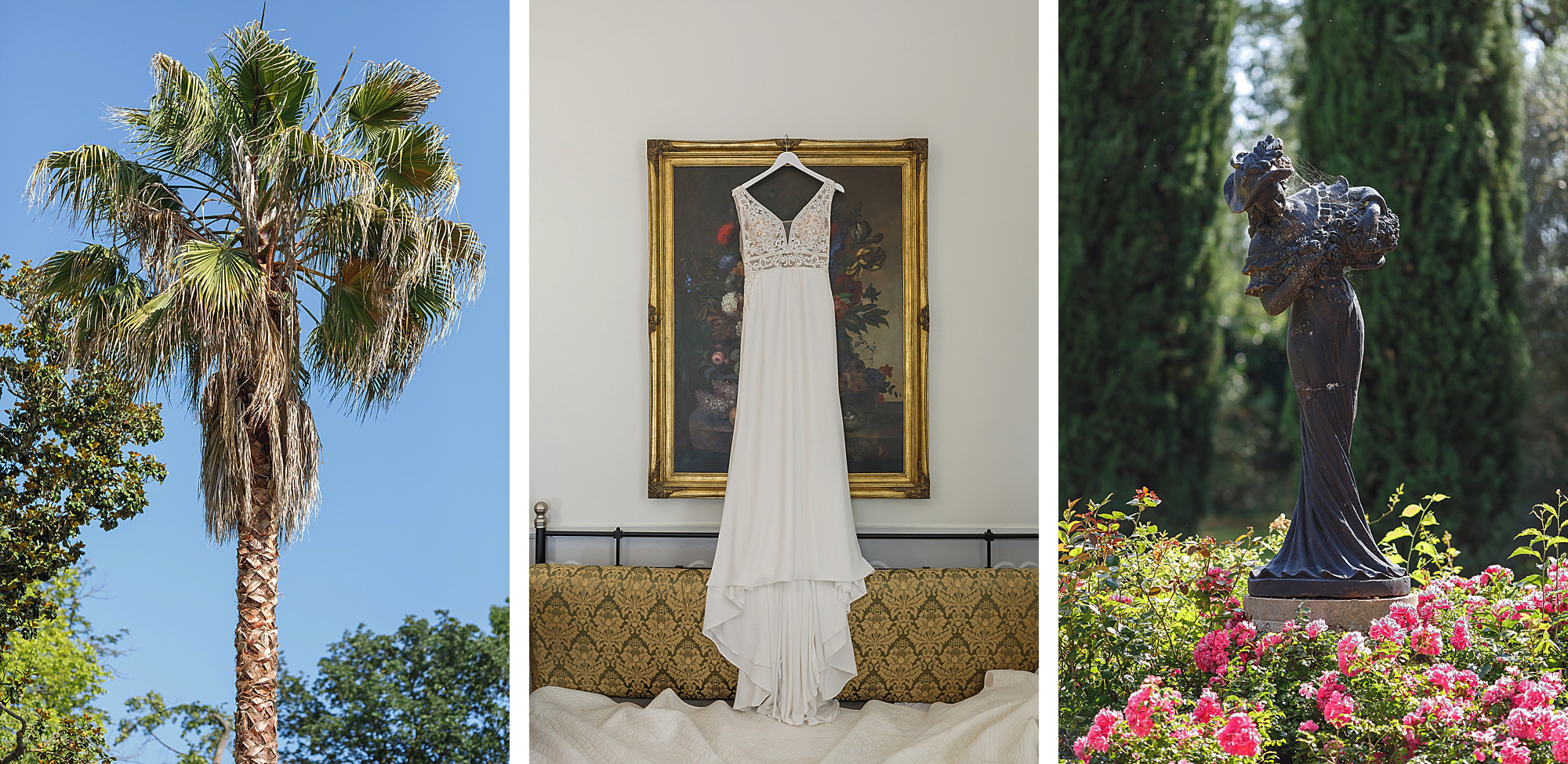 palm tree, wedding dress and statue