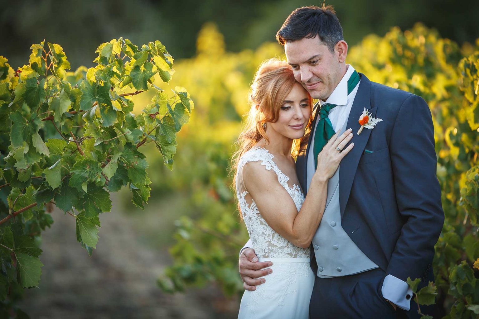 Bride and groom portrait among the vines at Château Les Carrasses