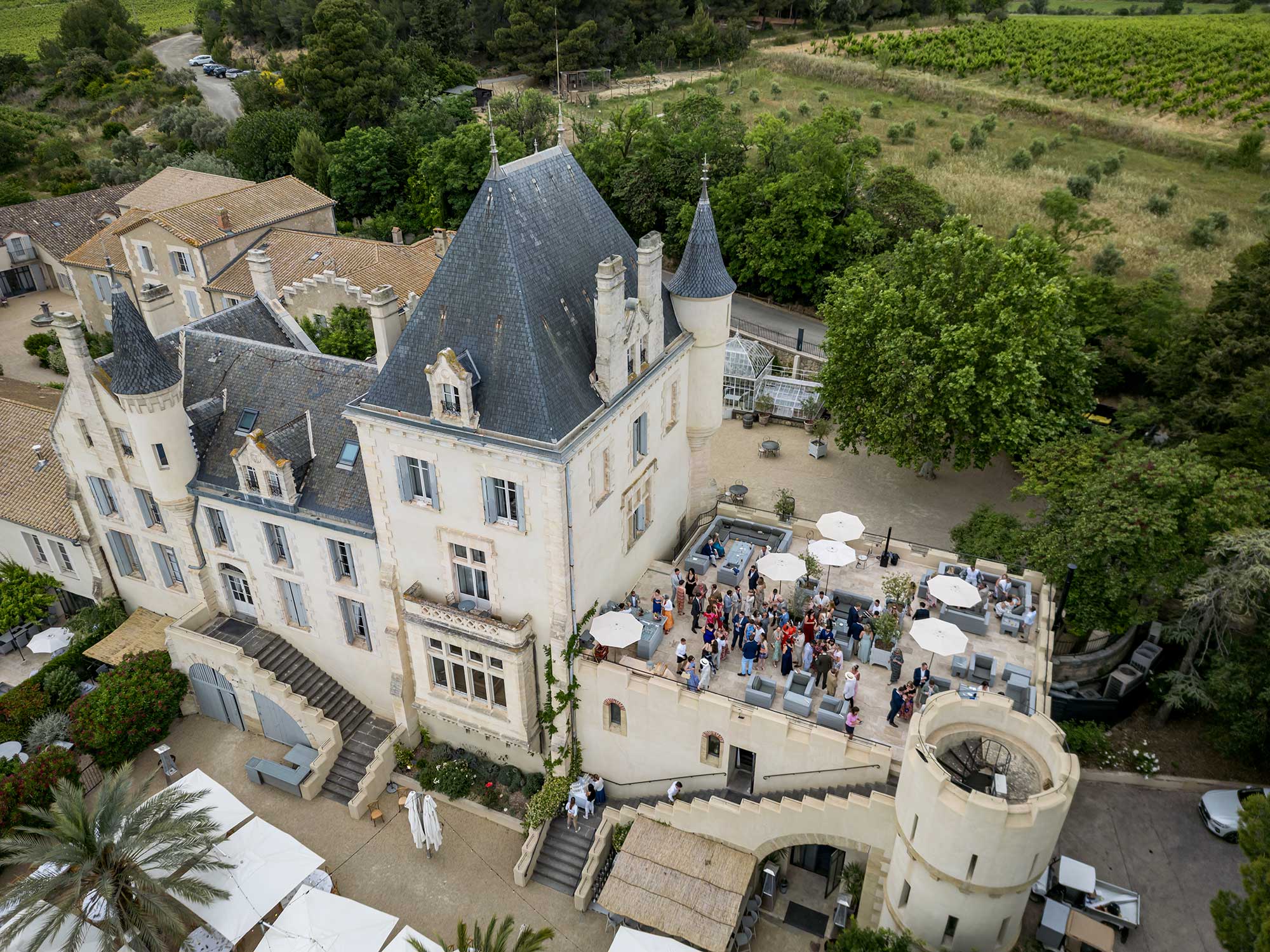 drone shot of Chateau Carrasses vineyard wedding