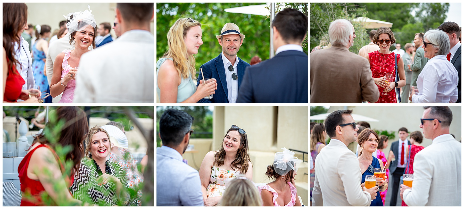 guests chatting at Chateau Carrasses vineyard wedding