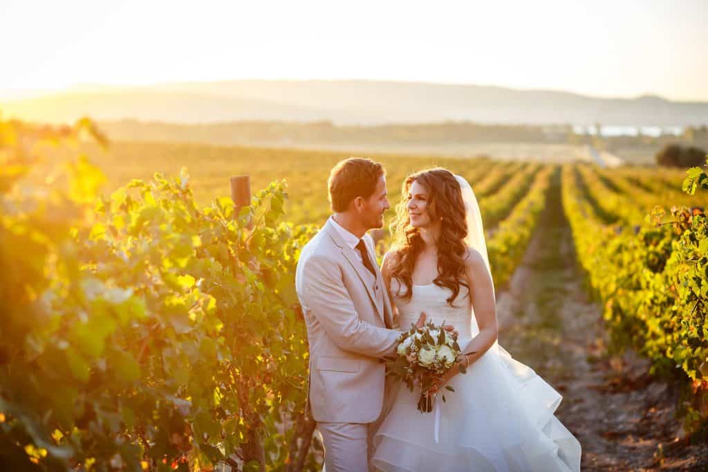 Couple stood in a vineyard at their wedding in southern France