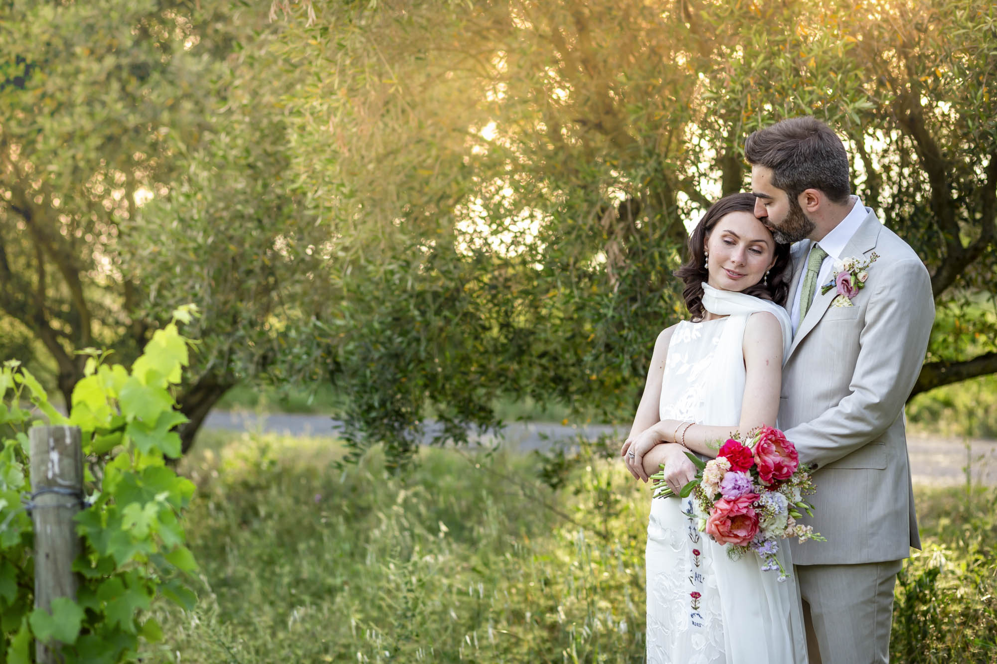 A couple stand at sunset in a vineyard with olive trees, beautiful golden light.