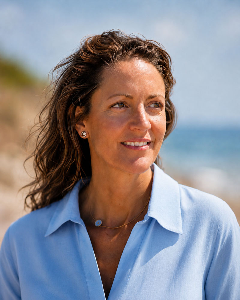 Photographer Kerry morgan stand on a beach in the south of France.