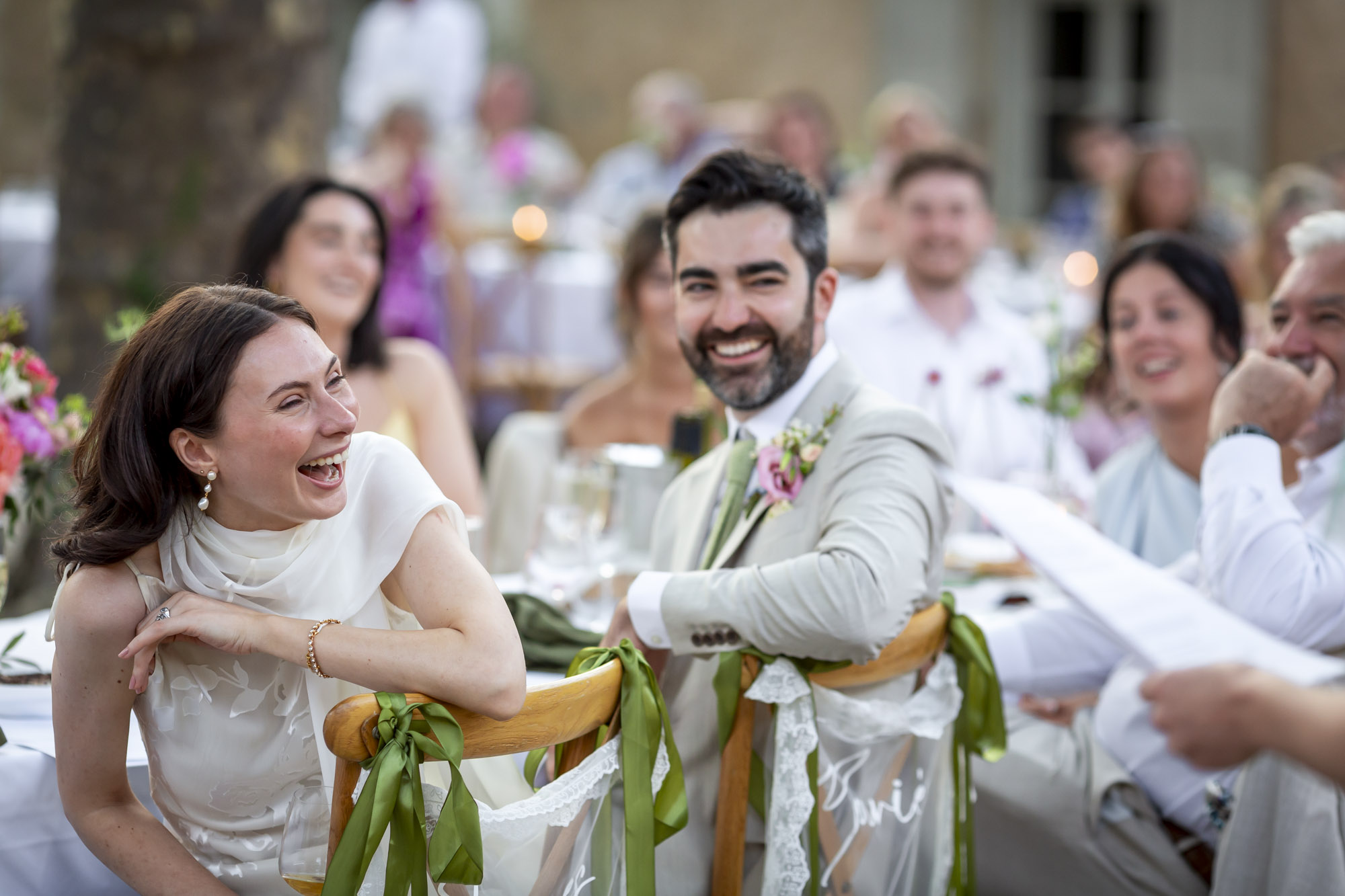Bride laughs at her destination wedding near Pezenas