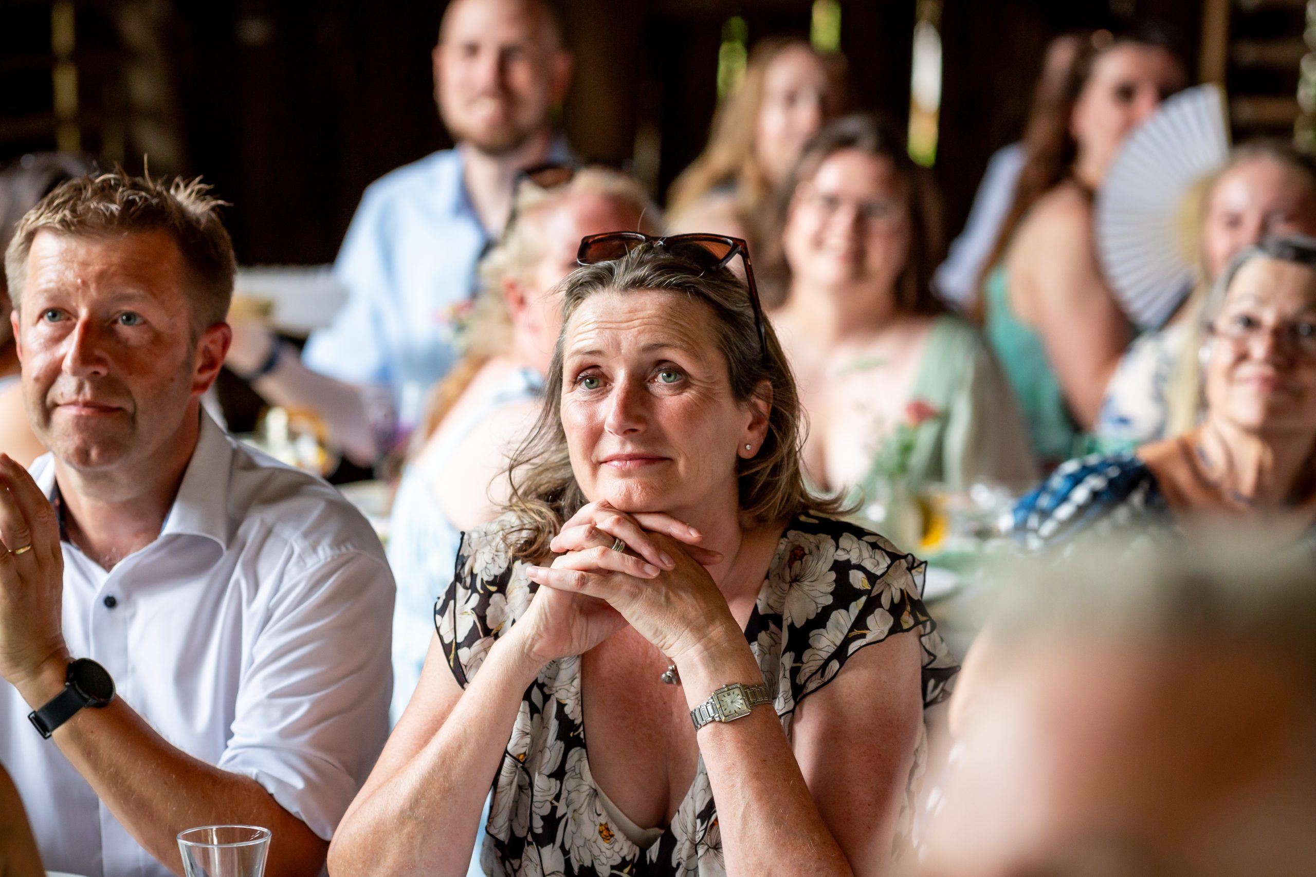 A wedding guest becoming emotional during the speeches