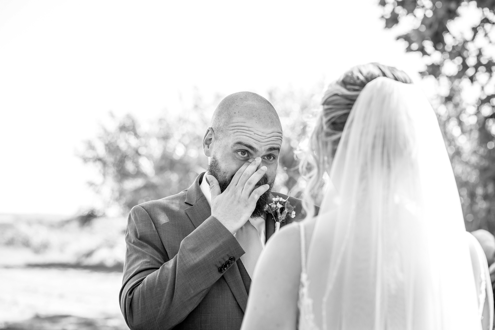 Thomas wiping away a tear as Hannah arrives beside him