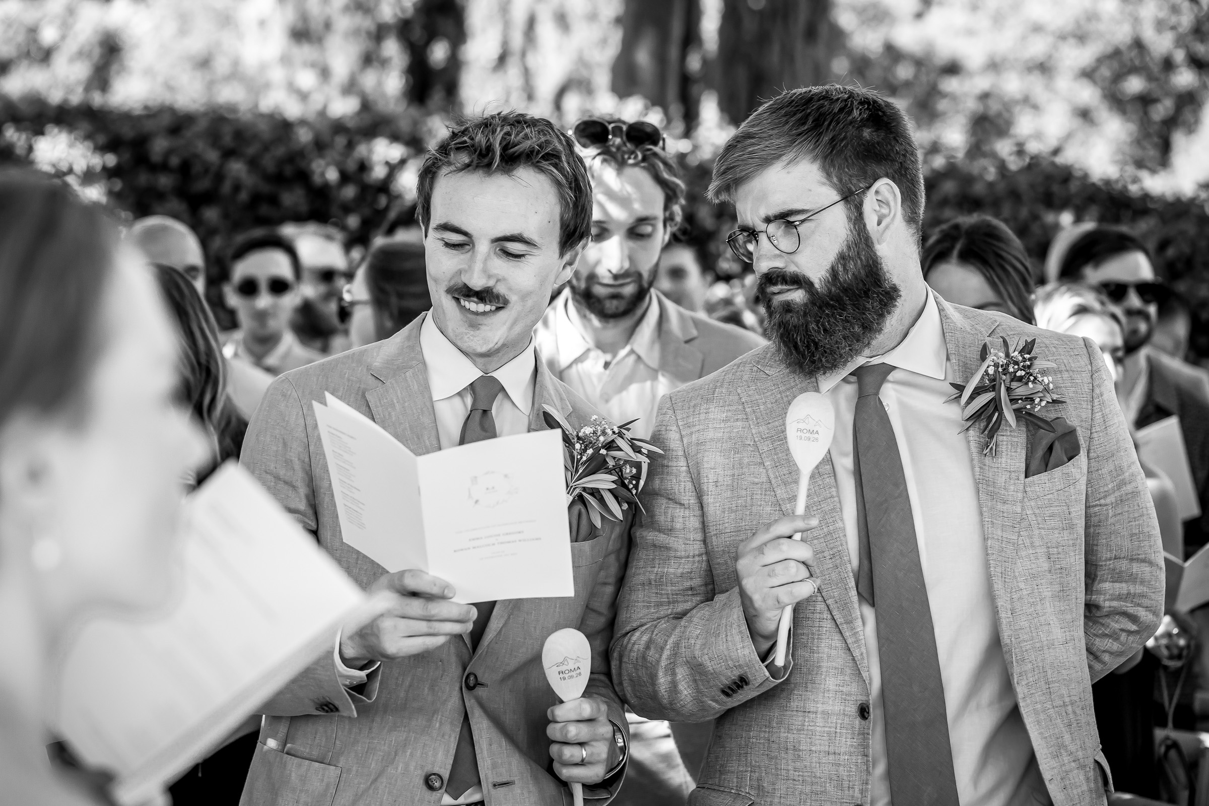 Friends conducting Emma and Rowan’s personal wedding ceremony