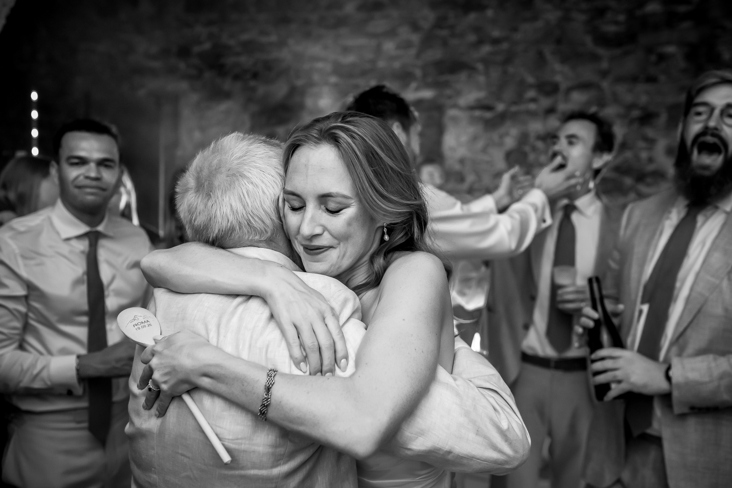 An emotional hug on the dance floor at Emma and Rowan’s wedding